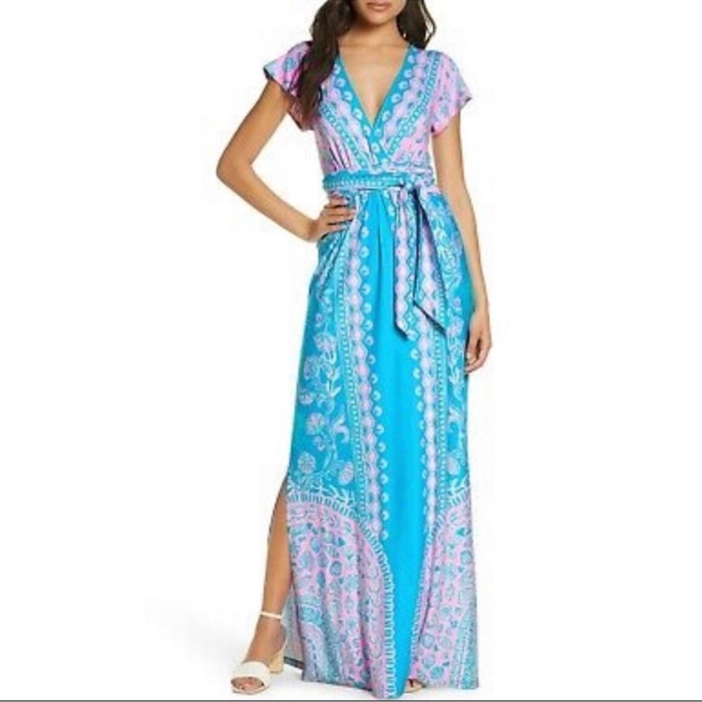 Lilly Pulitzer Esmarella Water Ya Waiting For print Pink Teal Maxi Dress Size XL